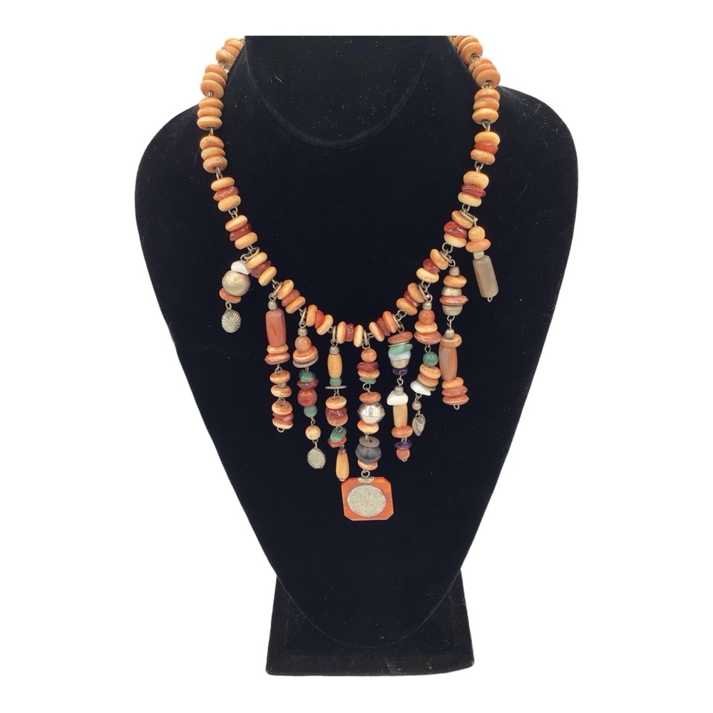 Multi-Colored Resin Dangle Earthtones Beaded Neck… - image 2